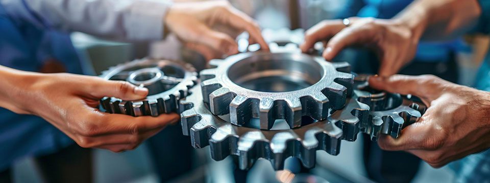 Imagem ilustrativa de pessoas segurando engrenagens que se encaixam, fazendo alusão à parceria e cooperação